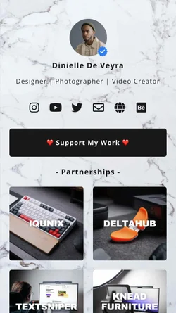 linkr.bio link in bio template: most used link in bio page design for business owners selling online, with shopping items, feature displaying on bio page and support my work link for receiving money
