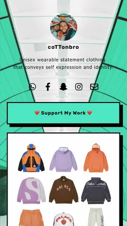 linkr.bio link in bio template: trendy link in bio page design example for e-commerce business owners selling merchandise, with shopping items feature displaying on bio page and email contact information