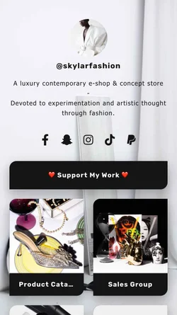 linkr.bio link in bio template: link in bio page design example for business e-shop and online business owners, with icons linking to social media such as Snapchat, Instagram, Patreon, TikTok, and Facebook, and also support work donation receiving button and shopping item display window.